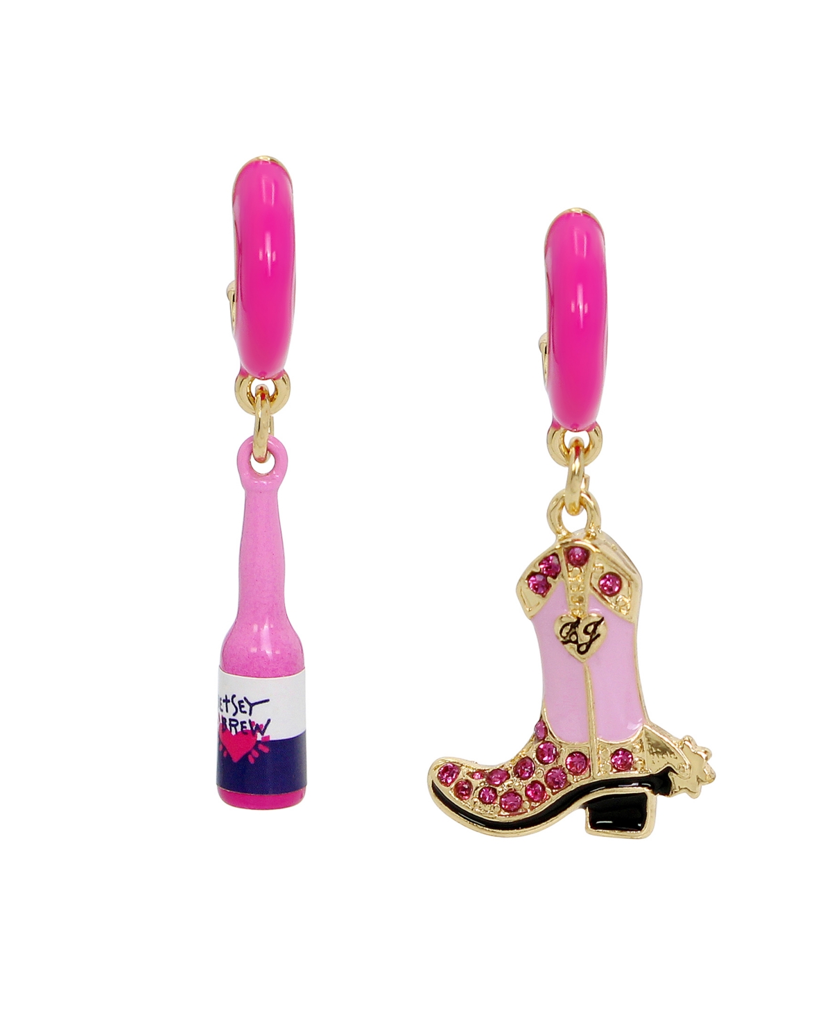 Betsey Johnson Faux Stone Cowgirl Mismatch Charm Huggie Earrings In Pink