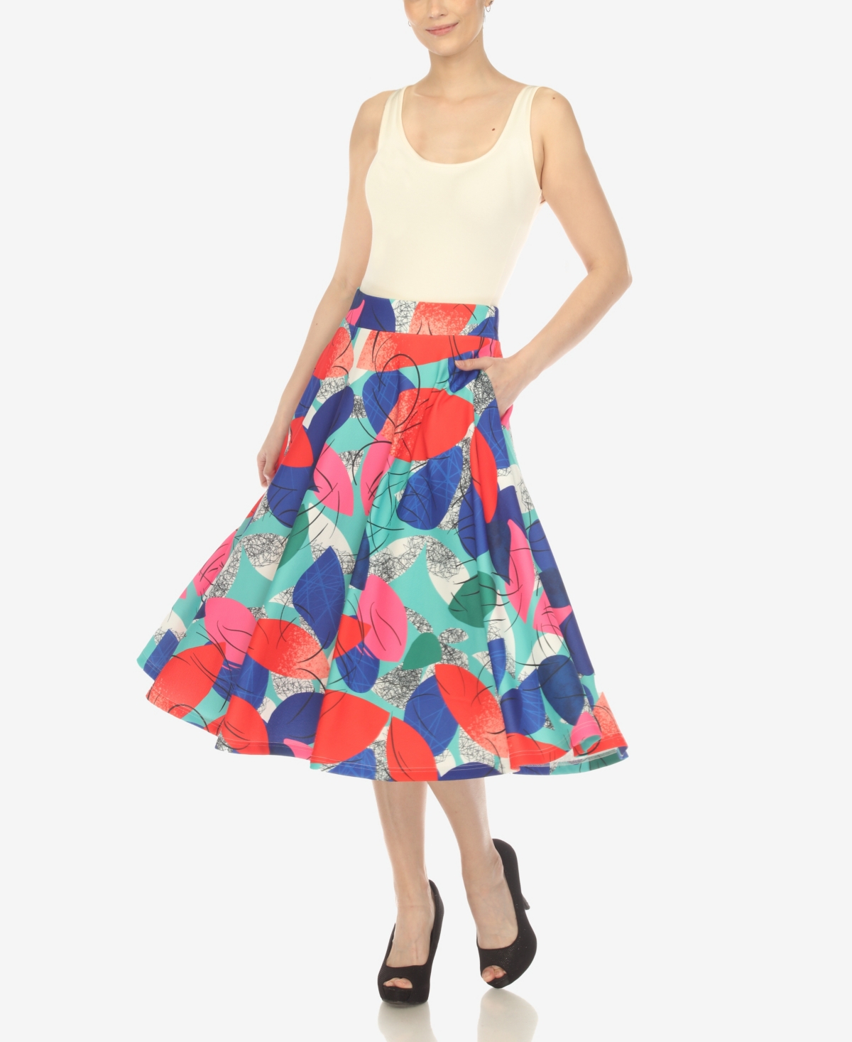 White Mark Women's Leaf Print Vintage Flared Midi Skirt In Red