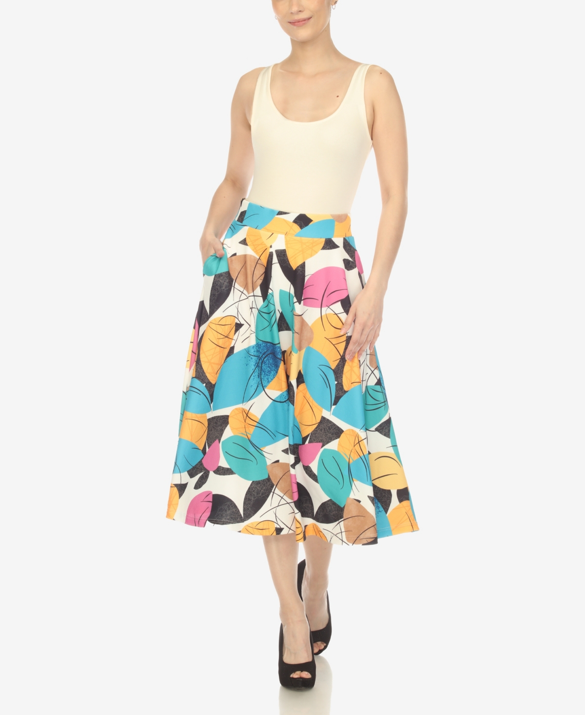 White Mark Women's Leaf Print Vintage Flared Midi Skirt In Yellow