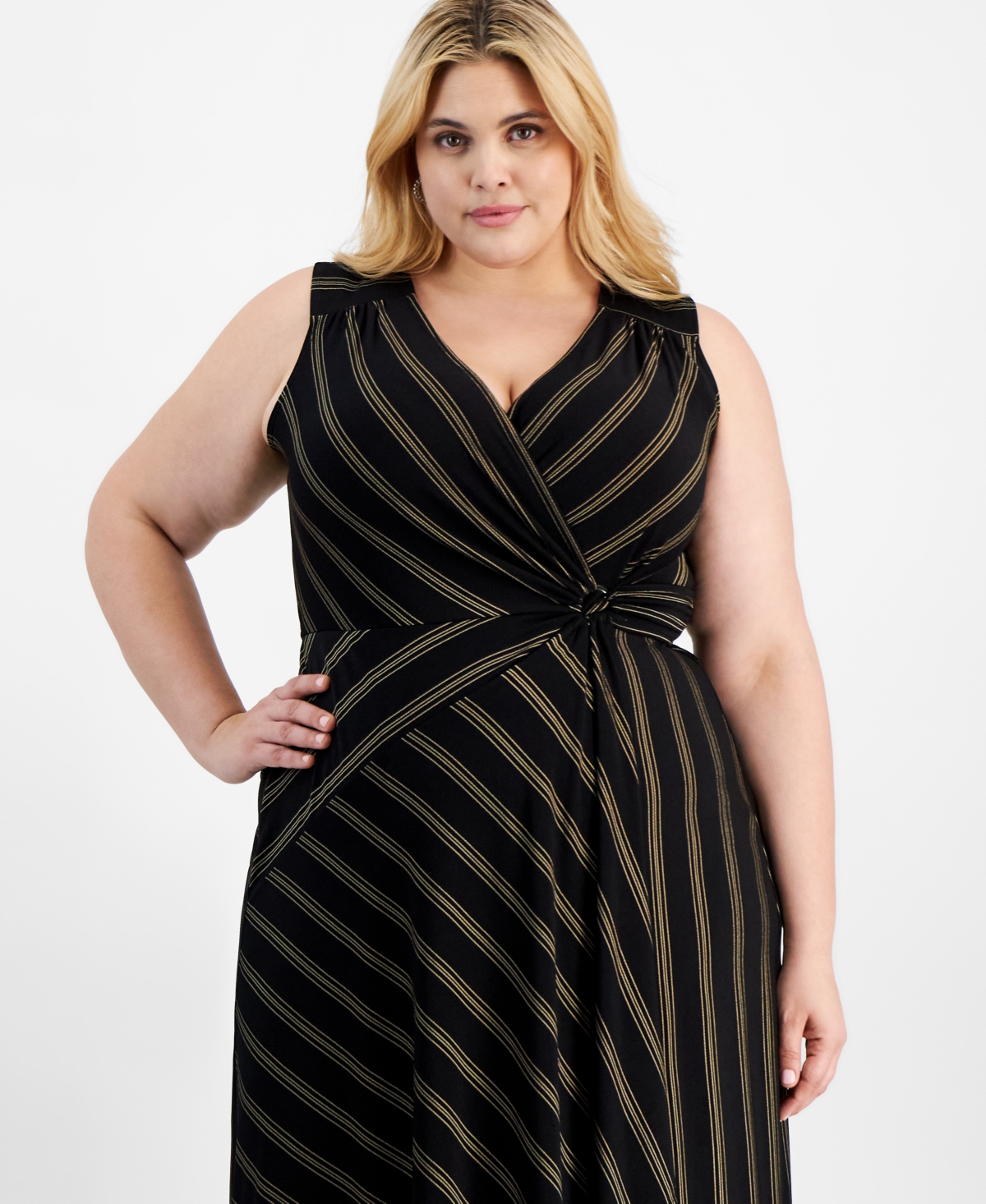 Robbie Bee Plus Size Striped Faux-Wrap Midi Dress -tan