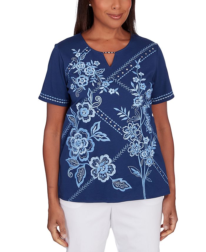 Alfred Dunner Petite Blue Bayou Embroidered Keyhole Top Macy s