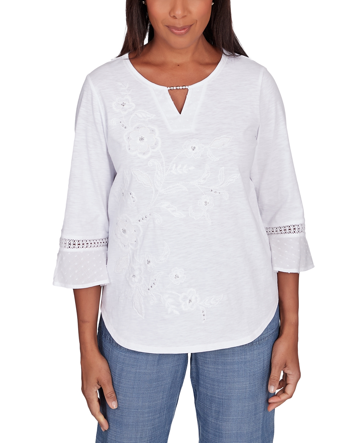 Petite Embroidered Embellished Keyhole Top - White