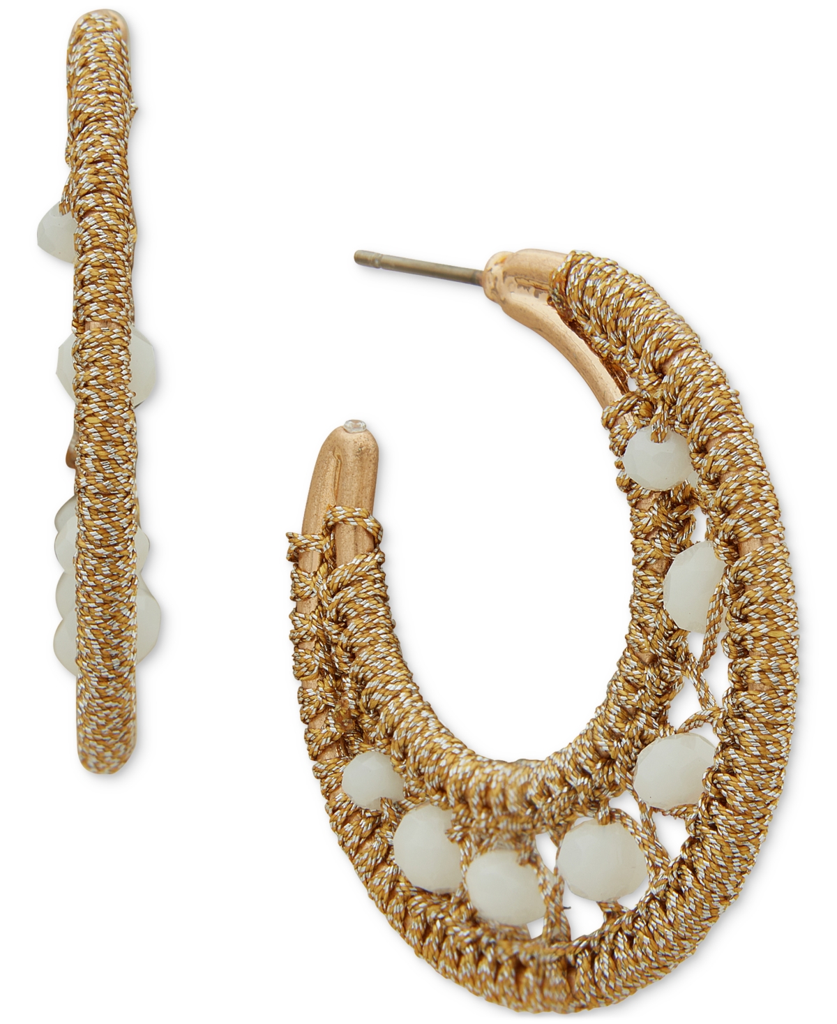 Gold-Tone White Open Crochet Medium Hoop Earrings, 1.3" - White