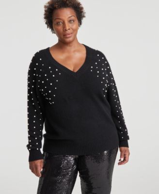 Charter Club - Plus Size Cashmere Bead-Embellished V-Neck Sweater