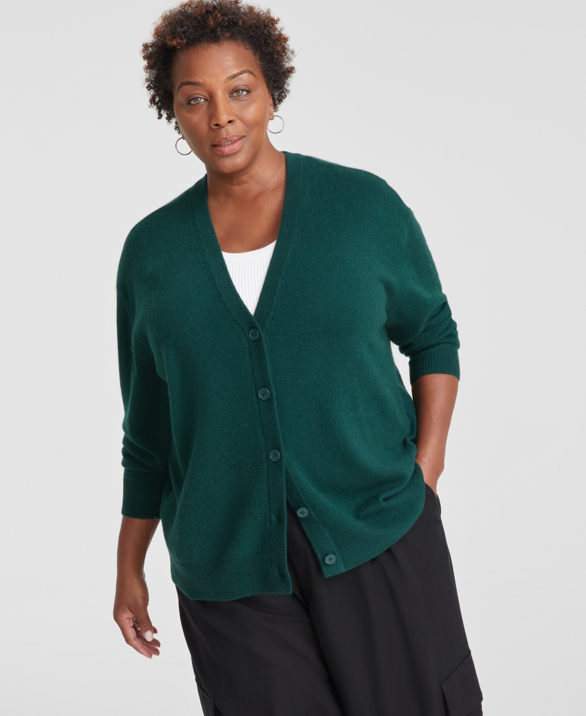 Charter Club Plus Size 100% Cashmere Button Front Cardigan, Created For Macy's In Deep Pine