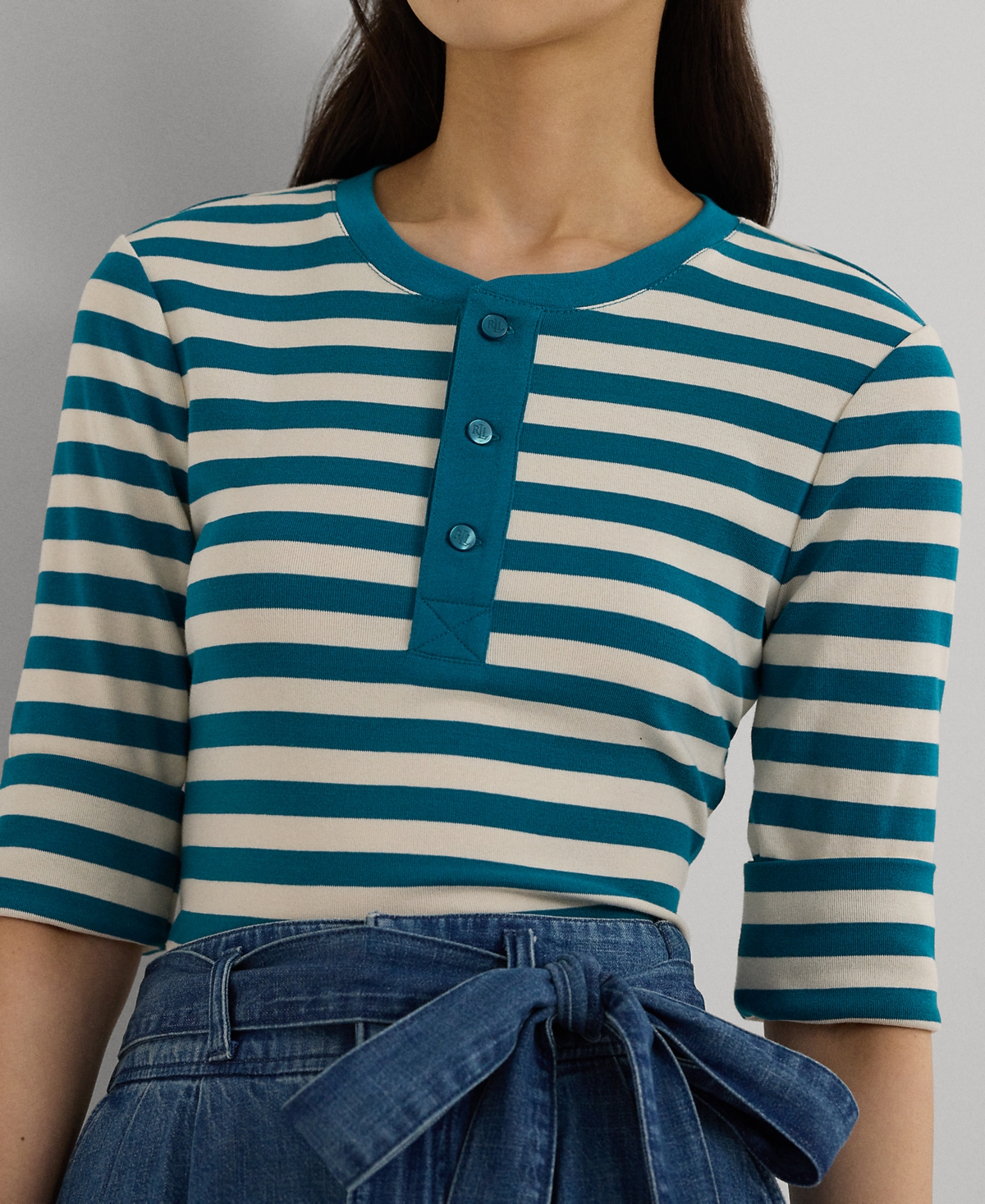 Lauren Ralph Lauren Petite Striped Henley Tee -Mascarpone Cream