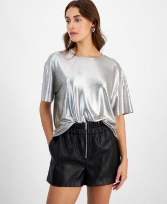 Bar III - Women's Short-Sleeve Crewneck Metallic Tee