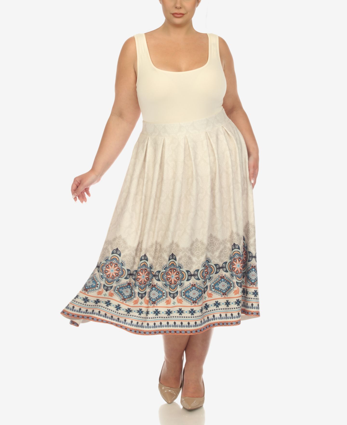 Женская юбка White Mark Plus Size Pleated Skirt with Border Print, цвет: Бежевый — фото 3