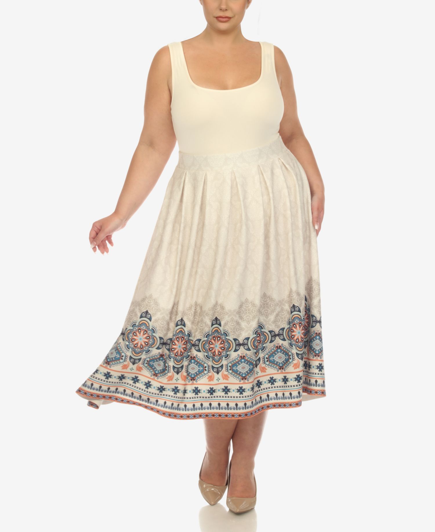 Plus Size Pleated Skirt with Border Print