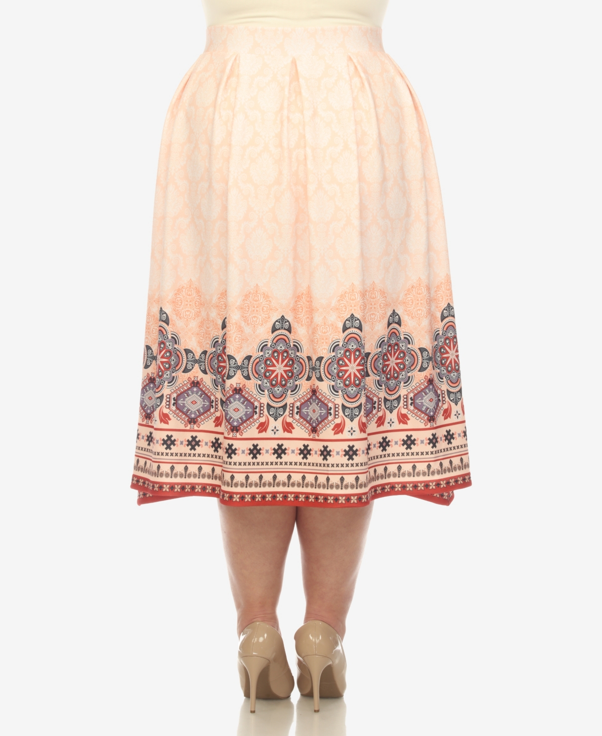 White Mark Plus Size Pleated Skirt With Border Print In Orange