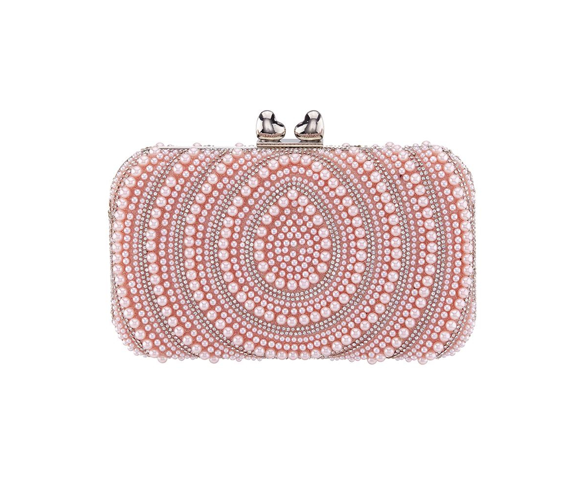Beaded and Crystal Minaudiere with Double Heart Clasp - White
