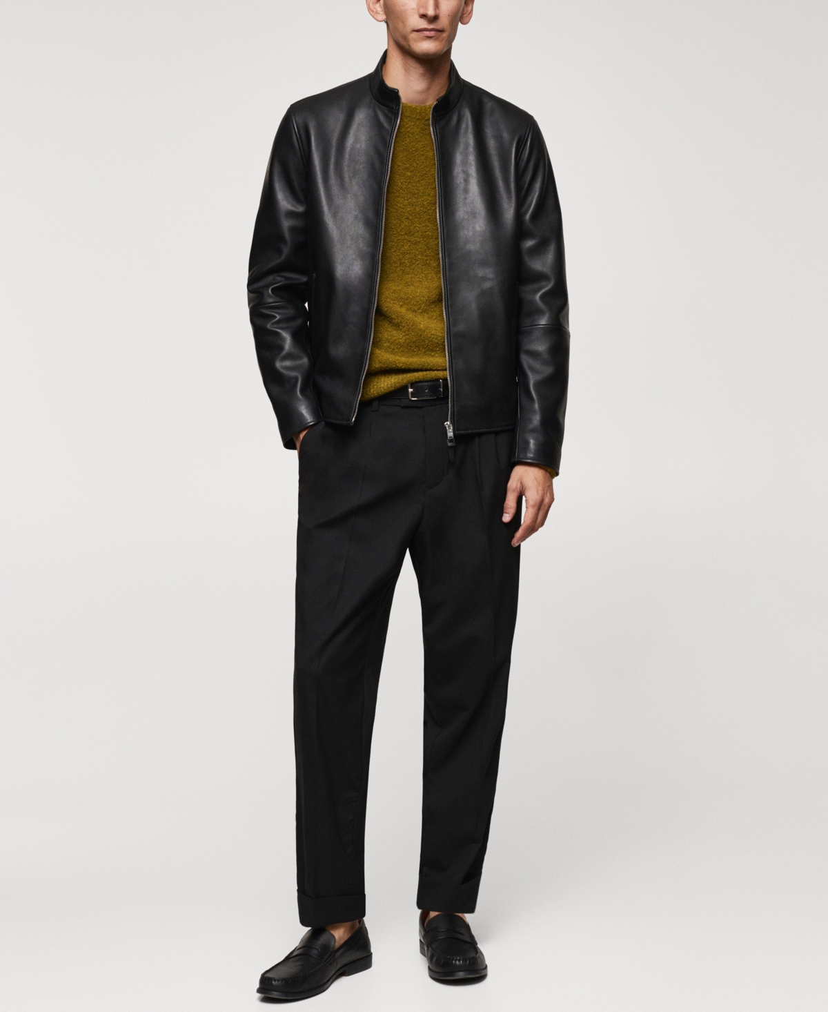 Mango Men's Zip-Detail Leather Biker Jacket