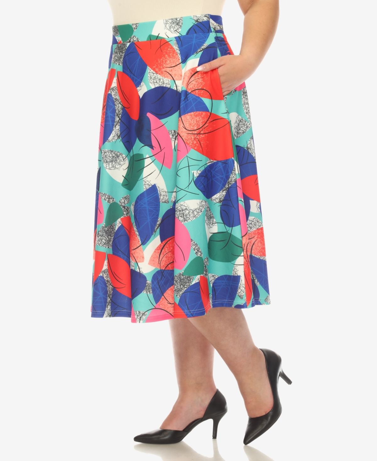 White Mark Plus Size Leaf Print Vintage Flared Midi Skirt In Red
