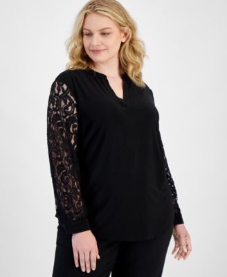 Kasper - Plus Size Lace-Sleeve Split-Neck Top