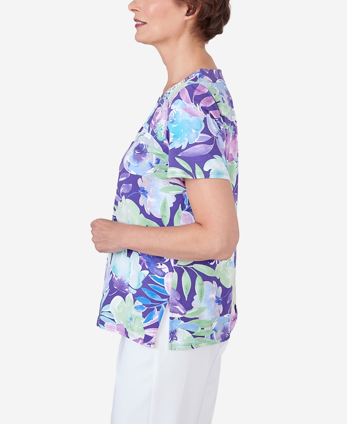 Shop Alfred Dunner Women's Pleated Neck Floral Short Sleeve Tee In Bright