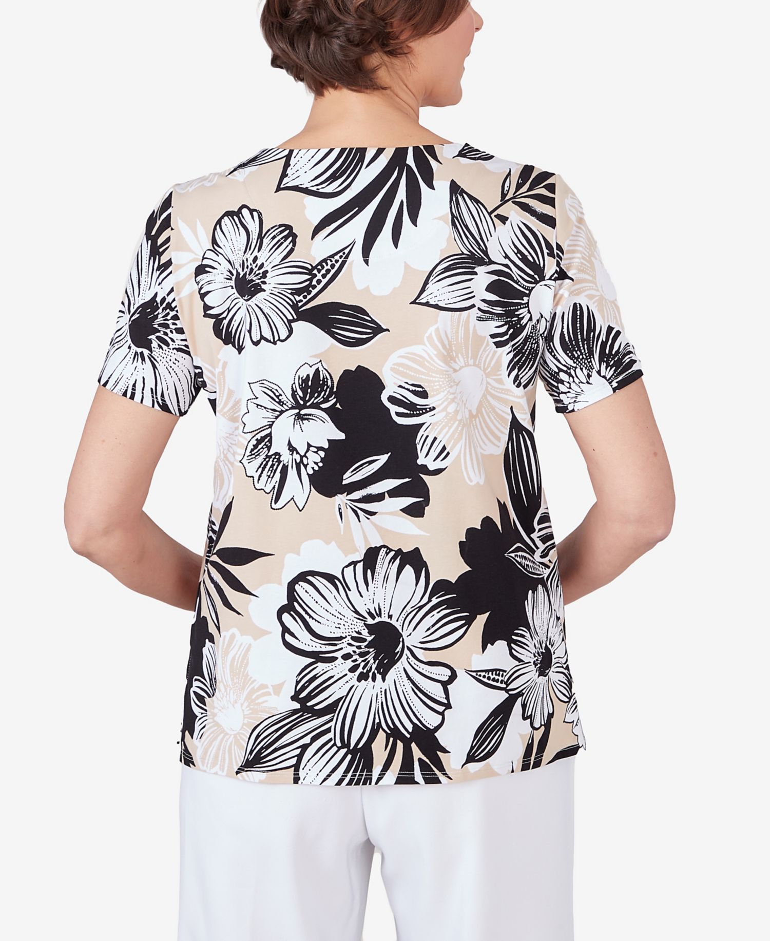 Women's Pleated Neck Bold Floral Short Sleeve Tee