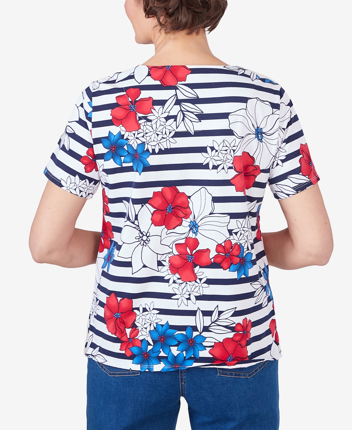 Alfred Dunner Plus Size Floral Stripe Braided Neck Tee In Multi
