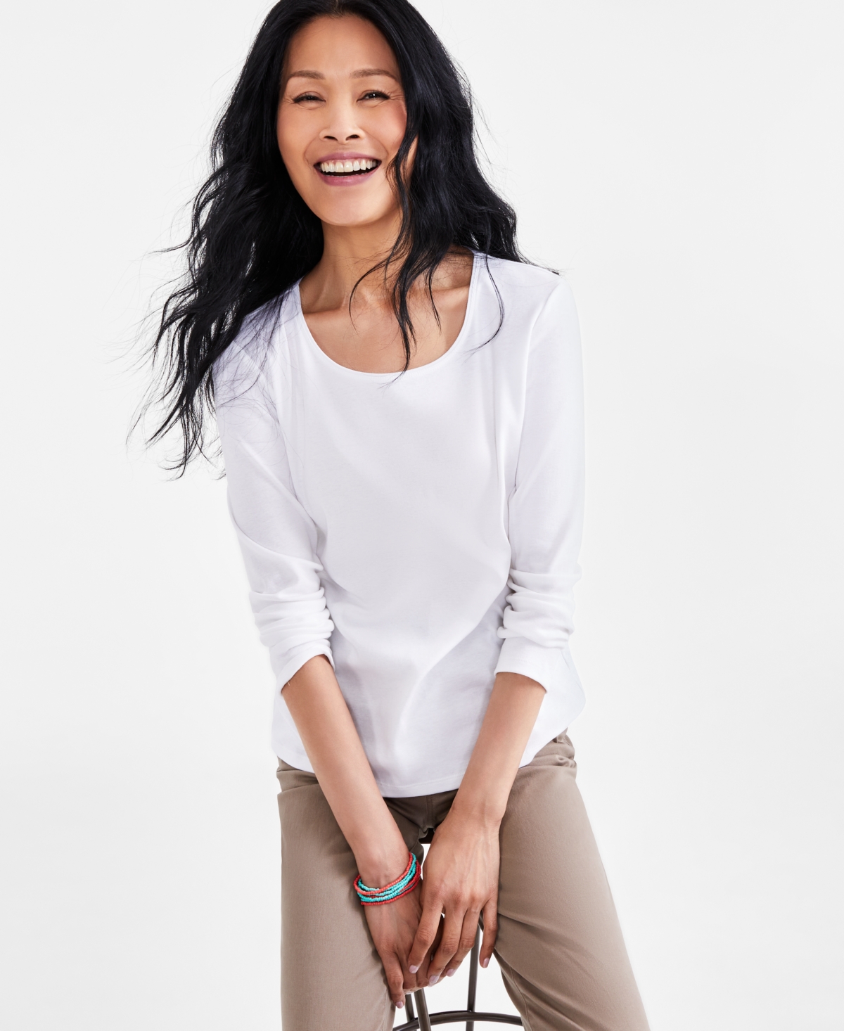 Women's Cotton Long-Sleeve Scoop-Neck Top, Created for Macy's - Bright White