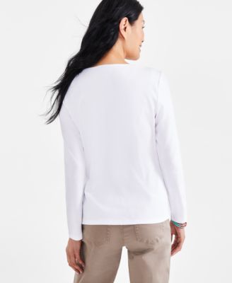 Petite Scoop-Neck Long-Sleeve Cotton Top, Created for Macy's 