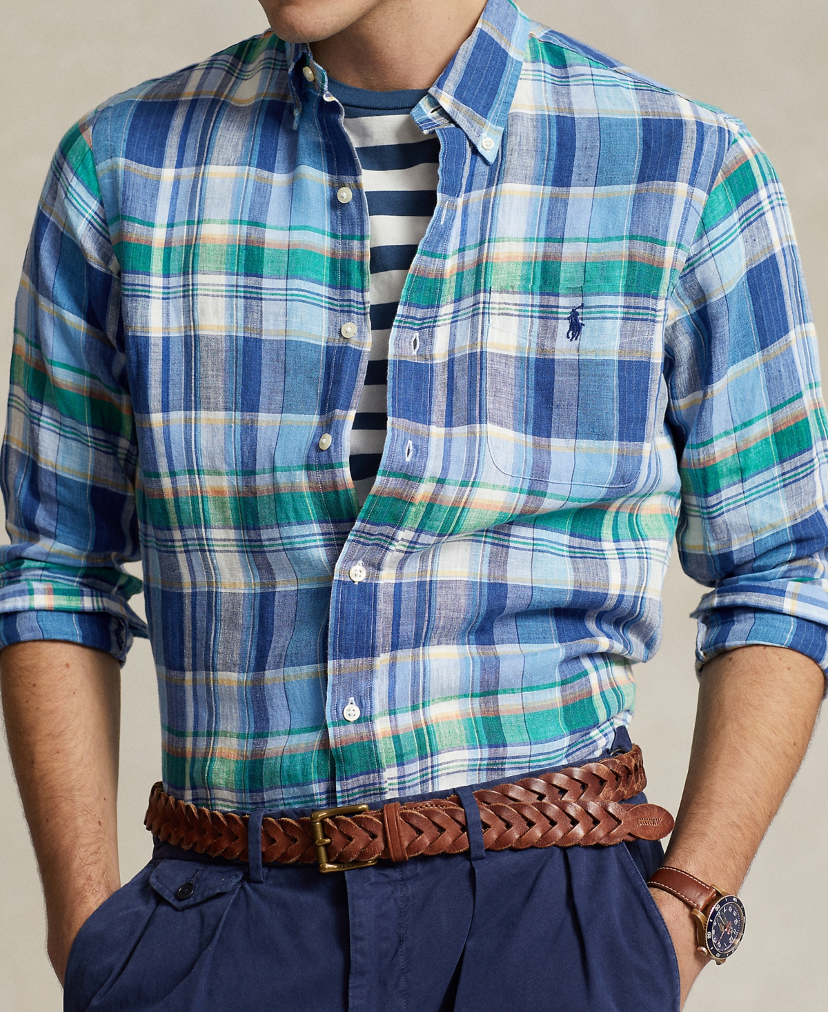 Shop Polo Ralph Lauren Men's Classic-fit Linen Plaid Shirt In Blue,green Multi