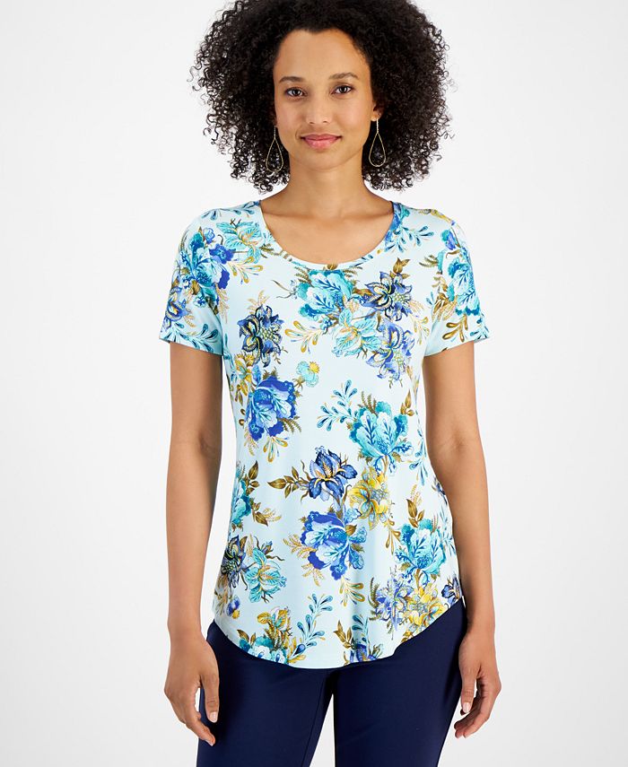 Jm Collection Womens Sequined Scoop Neck Top Blue Size Small 1