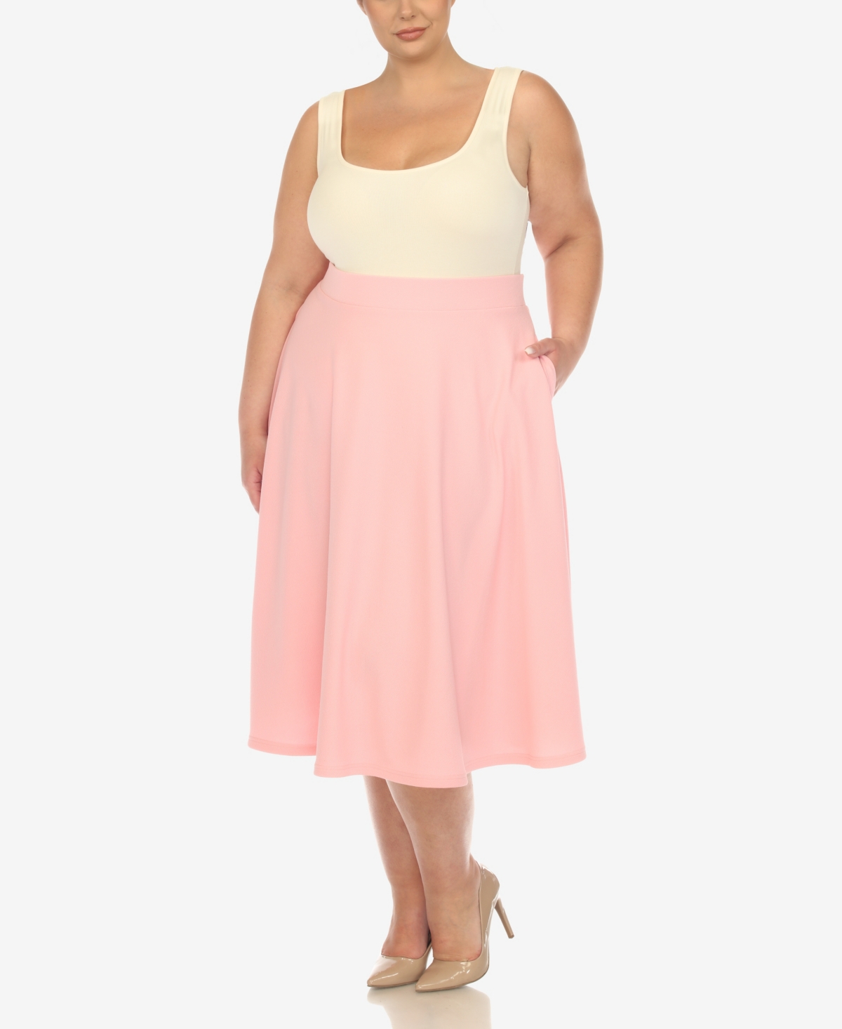 White Mark Plus Size Flared Midi Skirt In Cotton Pin