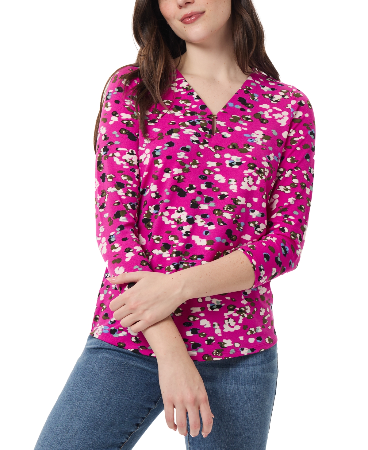 Women's Printed Moss-Crepe 3/4-Sleeve Top - Bright Orchid
