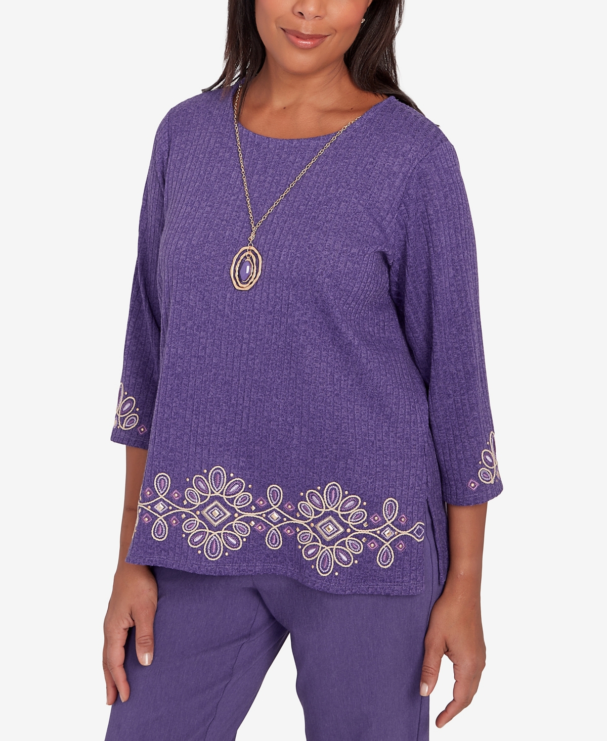 Shop Alfred Dunner Petite Charm School Embroidered Medallion Necklace Top In Iris
