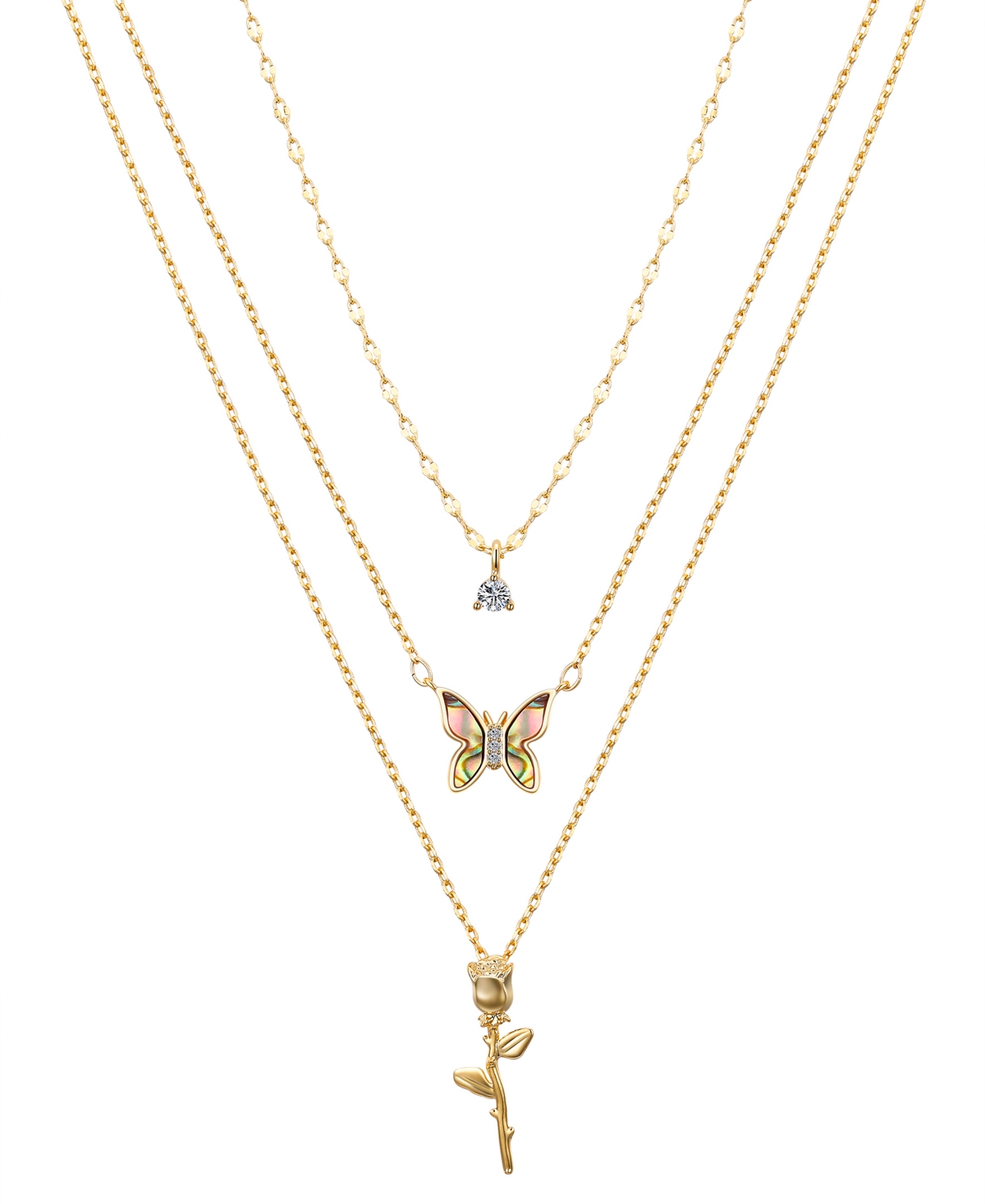 Cubic Zirconia Abalone Buttterfly Rose Layered Necklace Set - Gold