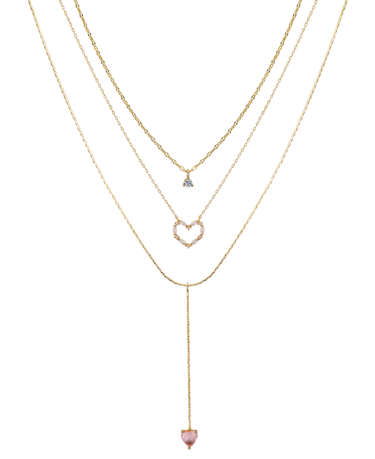 Cubic Zirconia Heart Y-Neck Layered Necklace Set - Gold