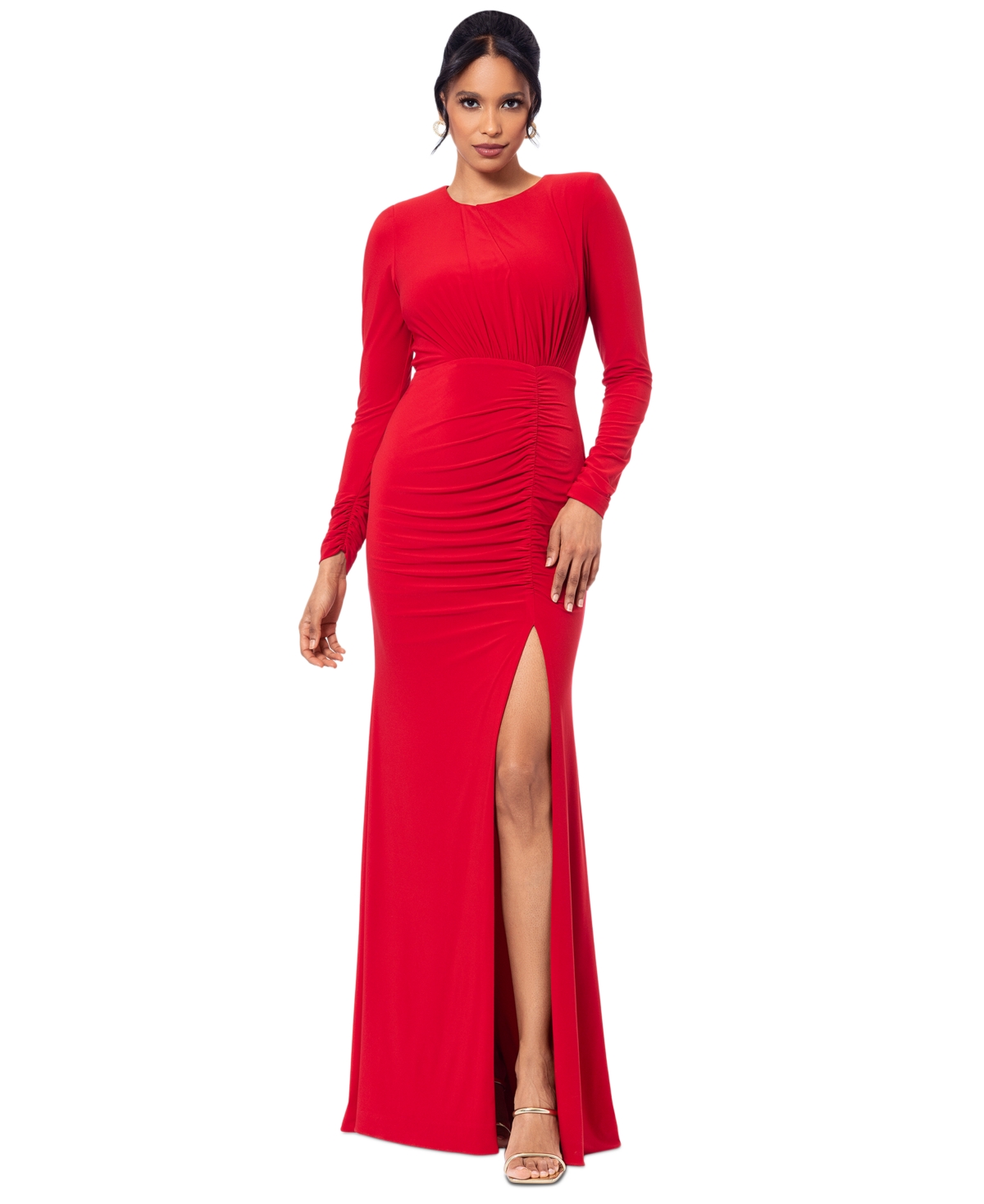 Women's Ruched Long-Sleeve Slit Gown - Red