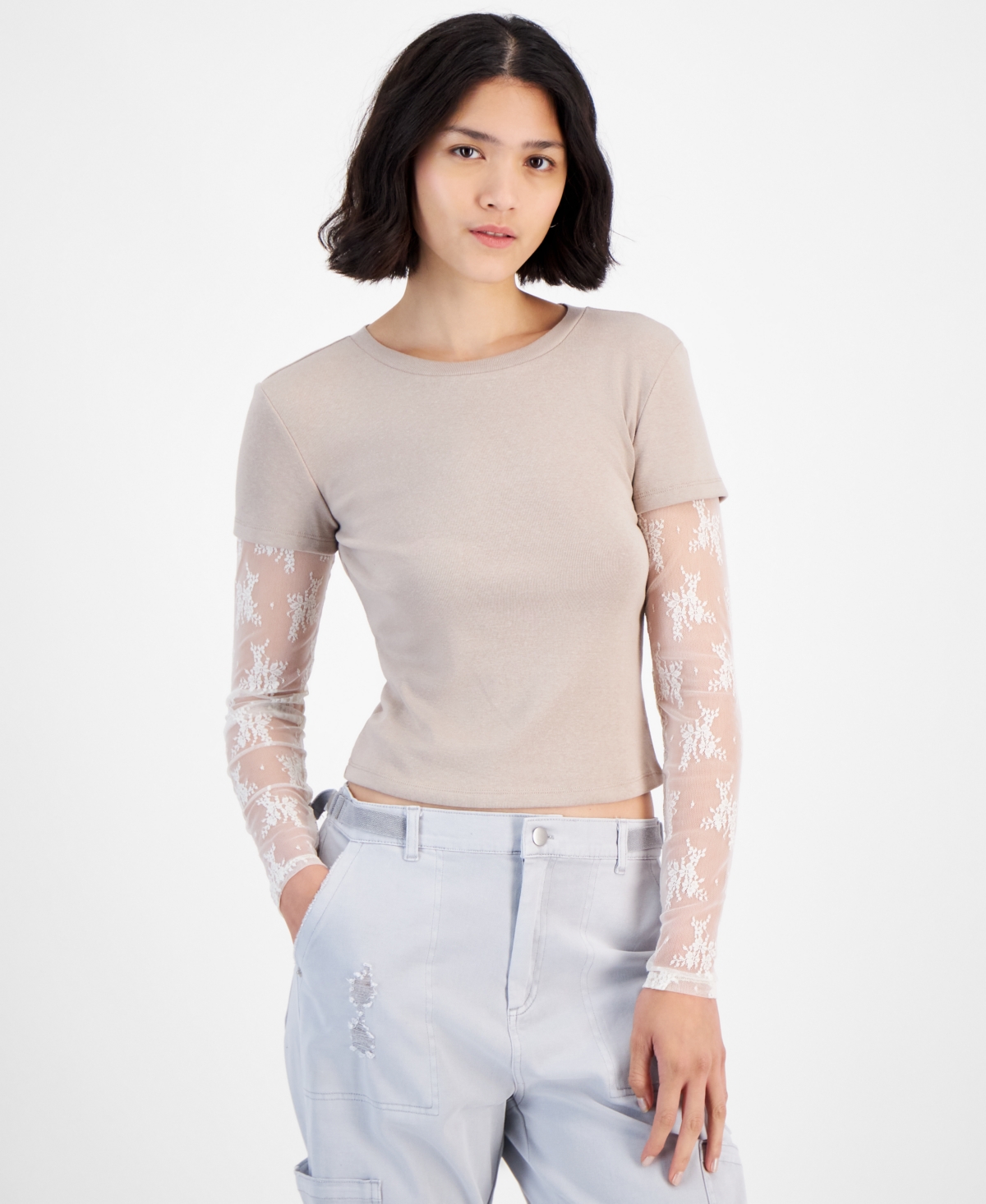 Hippie Rose Juniors' Layered Lace-Sleeve T-Shirt -White