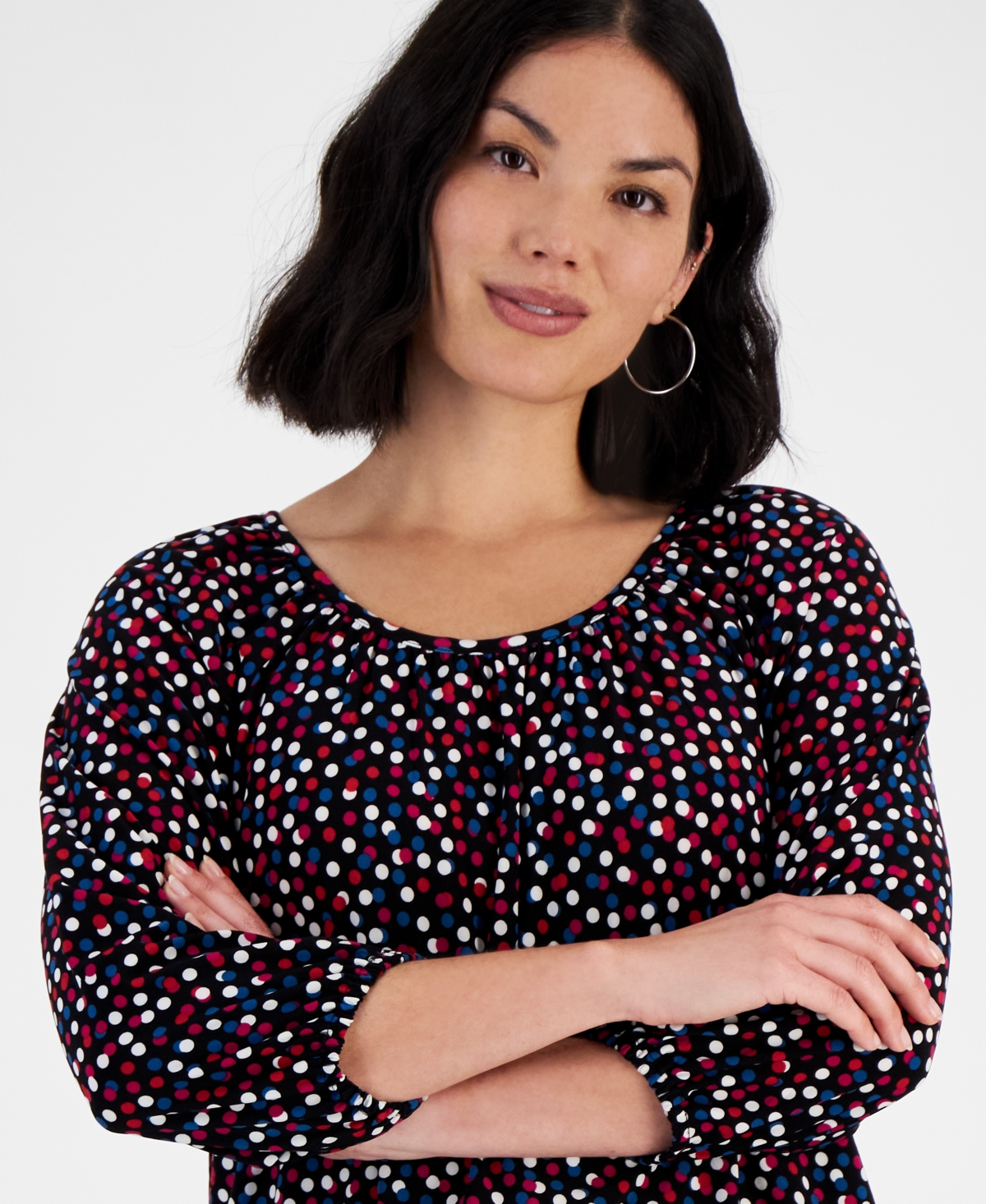 Ak Anne Klein Petite Printed Shirred Scoop-Neck Top
