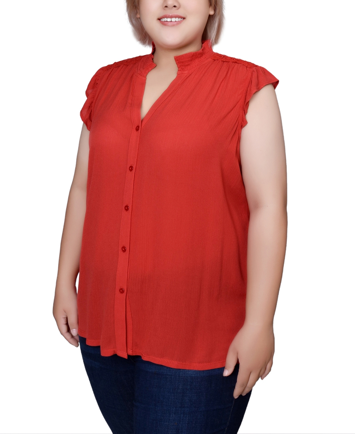 NY COLLECTION PLUS SIZE SHORT FLUTTER SLEEVE CREPON BLOUSE 