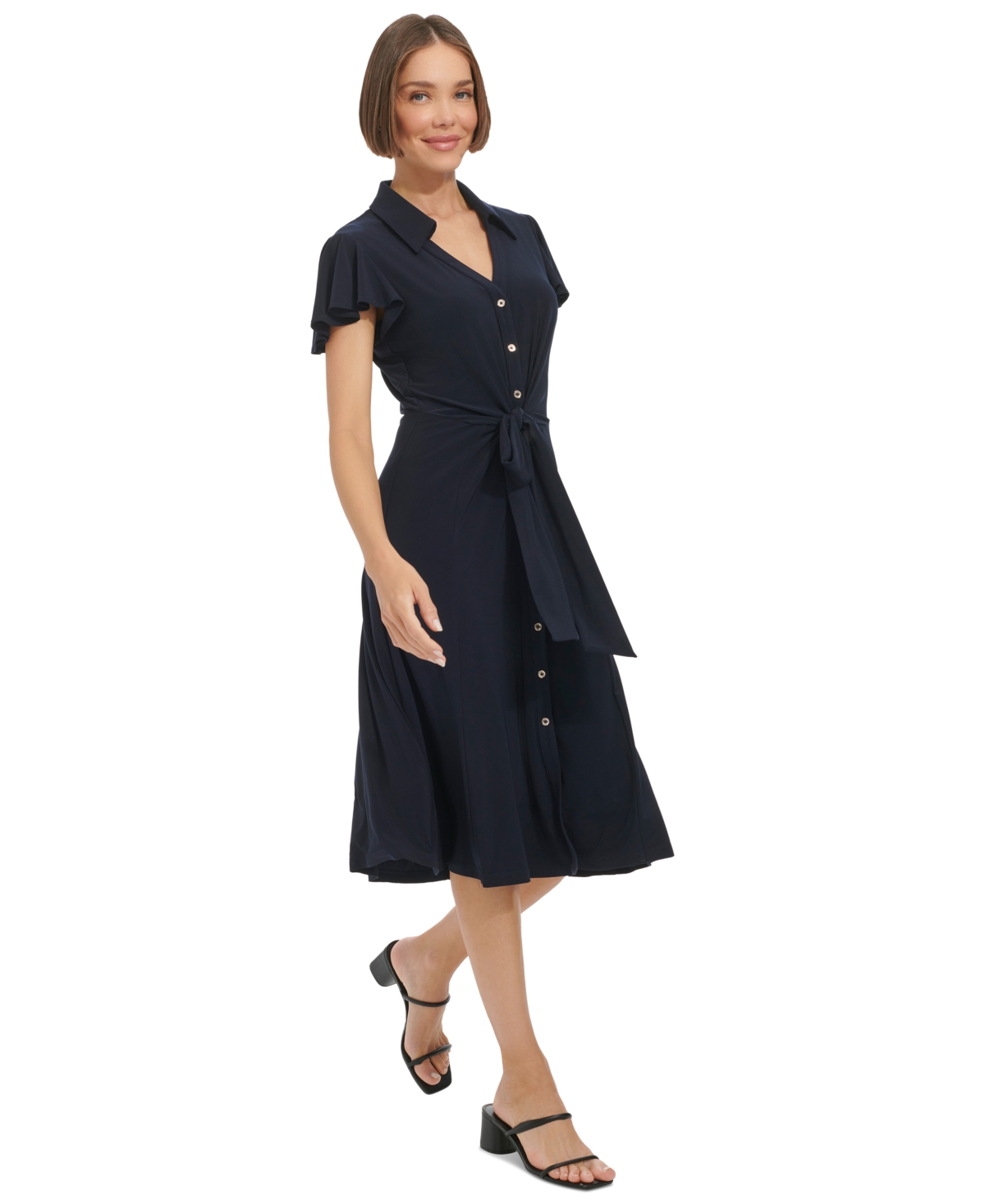 Tommy Hilfiger Women's Button-Front Tie-Waist Flutter-Sleeve Dress