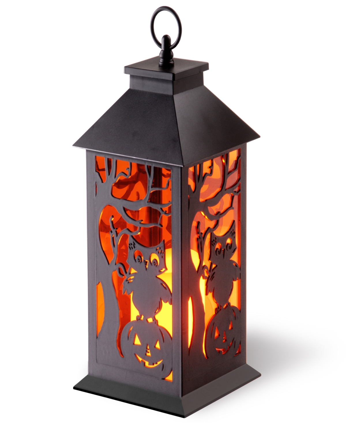 12" Halloween Lantern with Led Lights, Carved Images of Owls, Pumpkins, Leafless Trees - Black