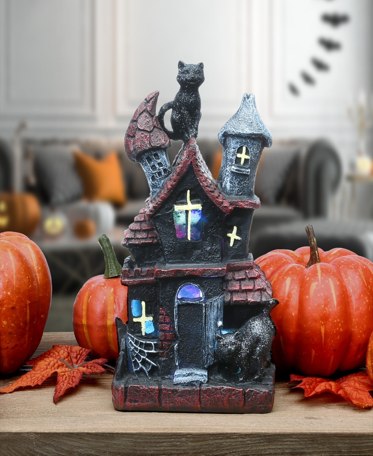 National Tree Company 7" Pre-lit Haunted House Decoration, Led Lights, Halloween Collection In Black
