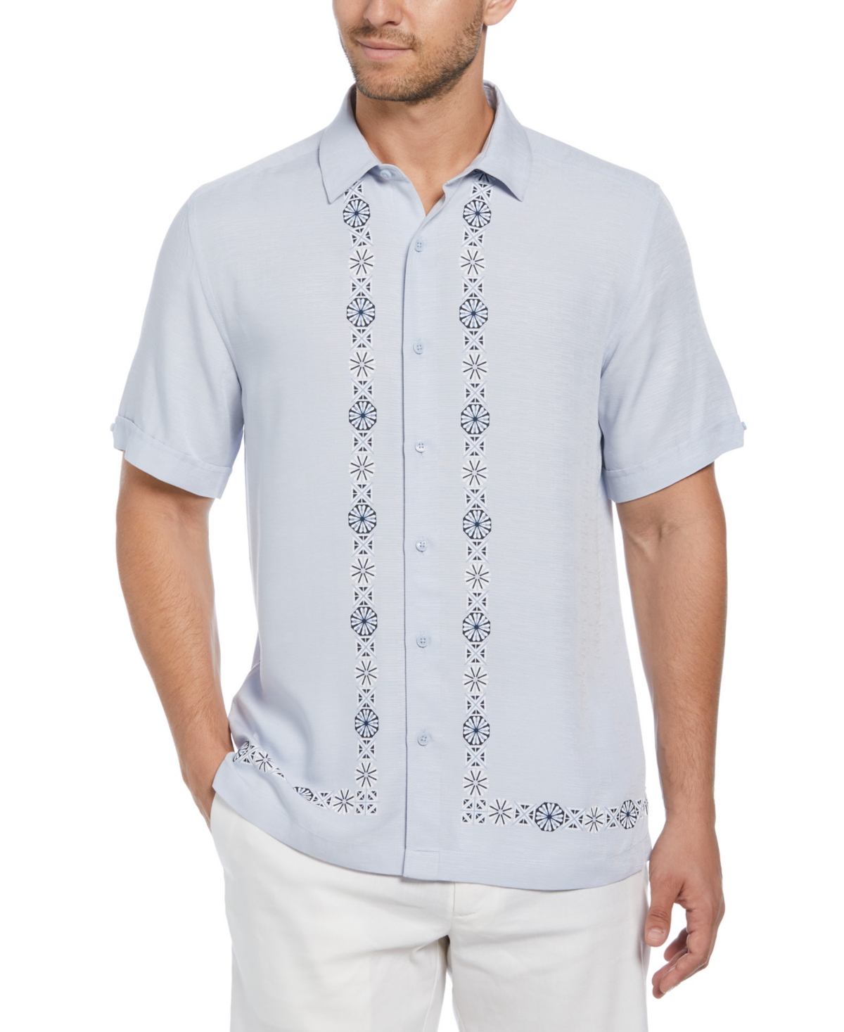 Men's Textured L-Shaped Medallion-Print Button-Down Shirt - Xenon Blue