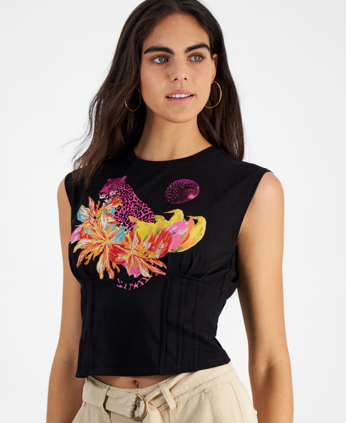 Guess Women's Exotic Leopard Sleeveless Corset T-Shirt - Jet Black A996