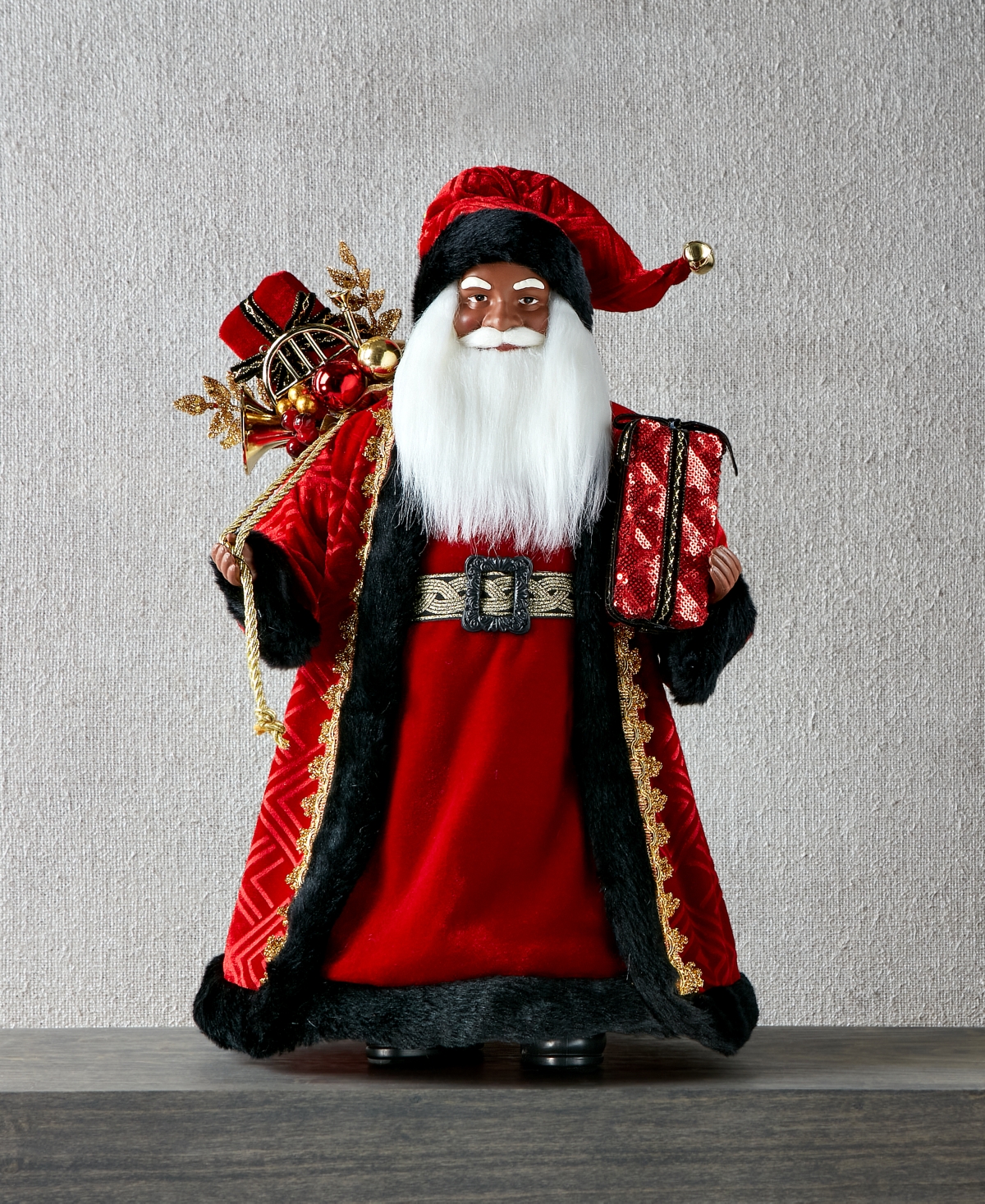 Holiday Lane Royal Holiday Red & Black African American Santa Holding a Gift Bag