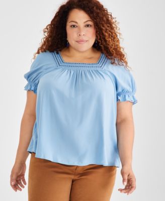 Style & Co - Puff-Sleeve Crochet-Trim Top