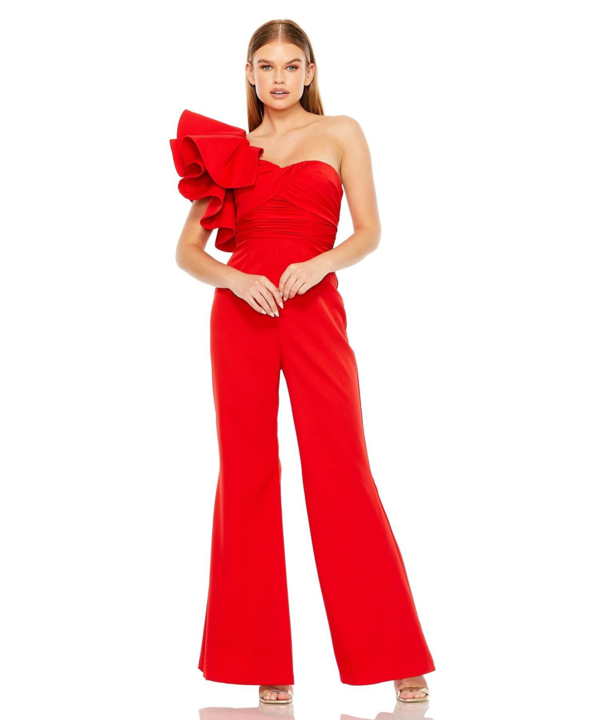 Women's One Shoulder Ruffle Detail Flare Pant Jumpsuit - Red