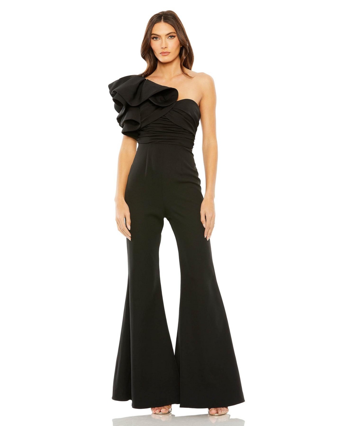 Women's One Shoulder Ruffle Detail Flare Pant Jumpsuit - Black