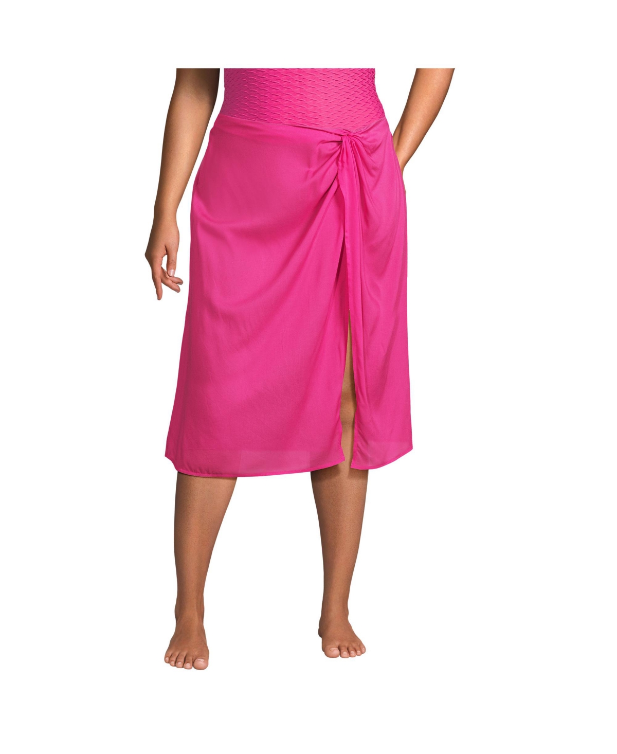 Plus Size Twist Front Knee Length Swim Cover-up Skirt - Prism pink