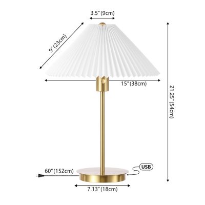Freida 21.25" Modern Glam Metal Column LED Table Lamp with USB Charging Port and Pleated Shade, Brass Gold/White