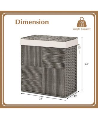 Hand-woven Rattan Laundry Hamper with Lid Removable Liner Bag 29-Gallon 2-Section