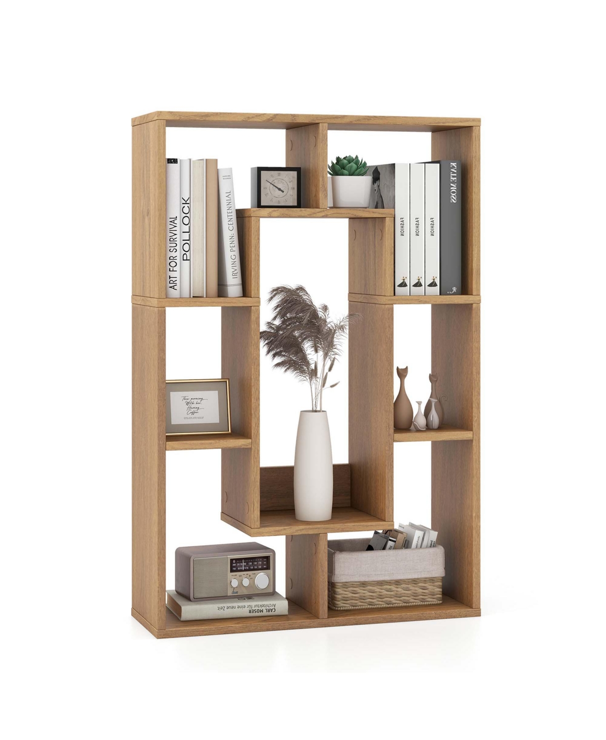 7-Cube Geometric Bookshelf with Anti-Toppling Device Modern Open Bookcase - Natural