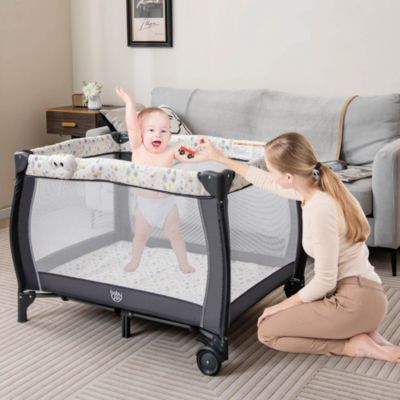 Kids Portable Playard Nursery Center Crib with Hanging Toys & Music Box