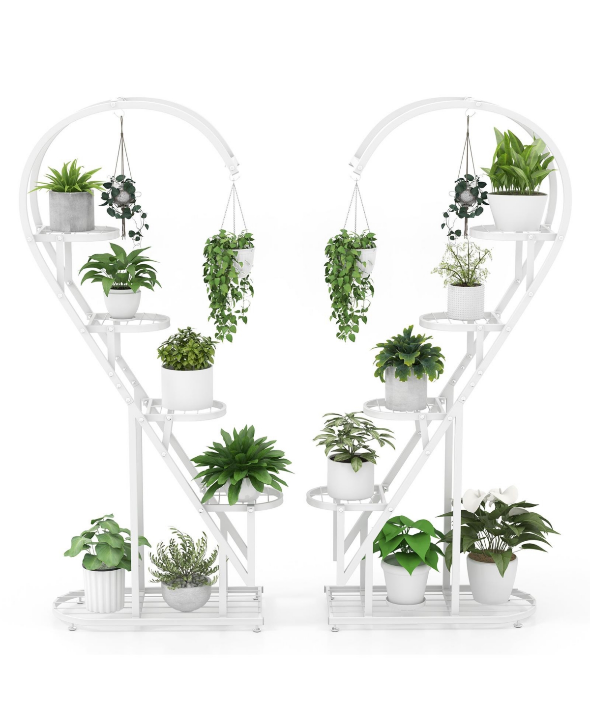 5 Tier Metal Plant Stand Heart-shaped Shelf with Hanging Hook for Multiple Plants - White