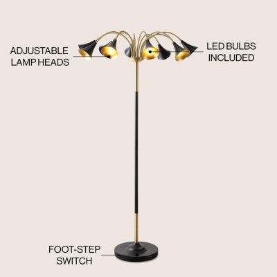 Vivian 61" 10-Light Mid-Century Modern Iron Medusa Multi Head LED Floor Lamp, White/Brass Gold